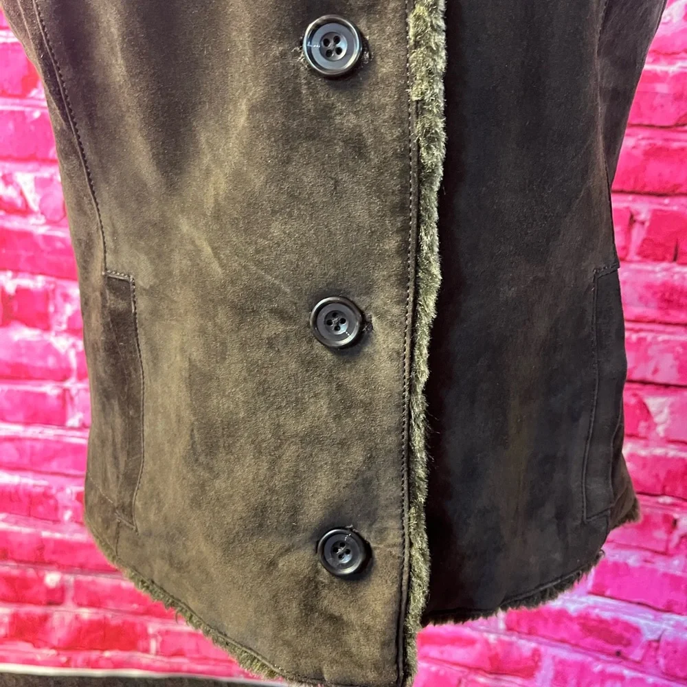 Eddie Bauer Suede Leather Vest Jacket Womens Medium‎ Brown Faux Fur Lined
